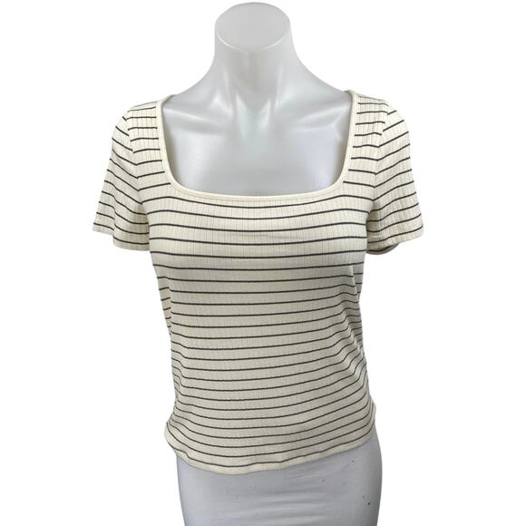 Madewell Cream Black Striped Ribbed Knit Short Sleeve T Shirt Tee Top Size S - Picture 1 of 4